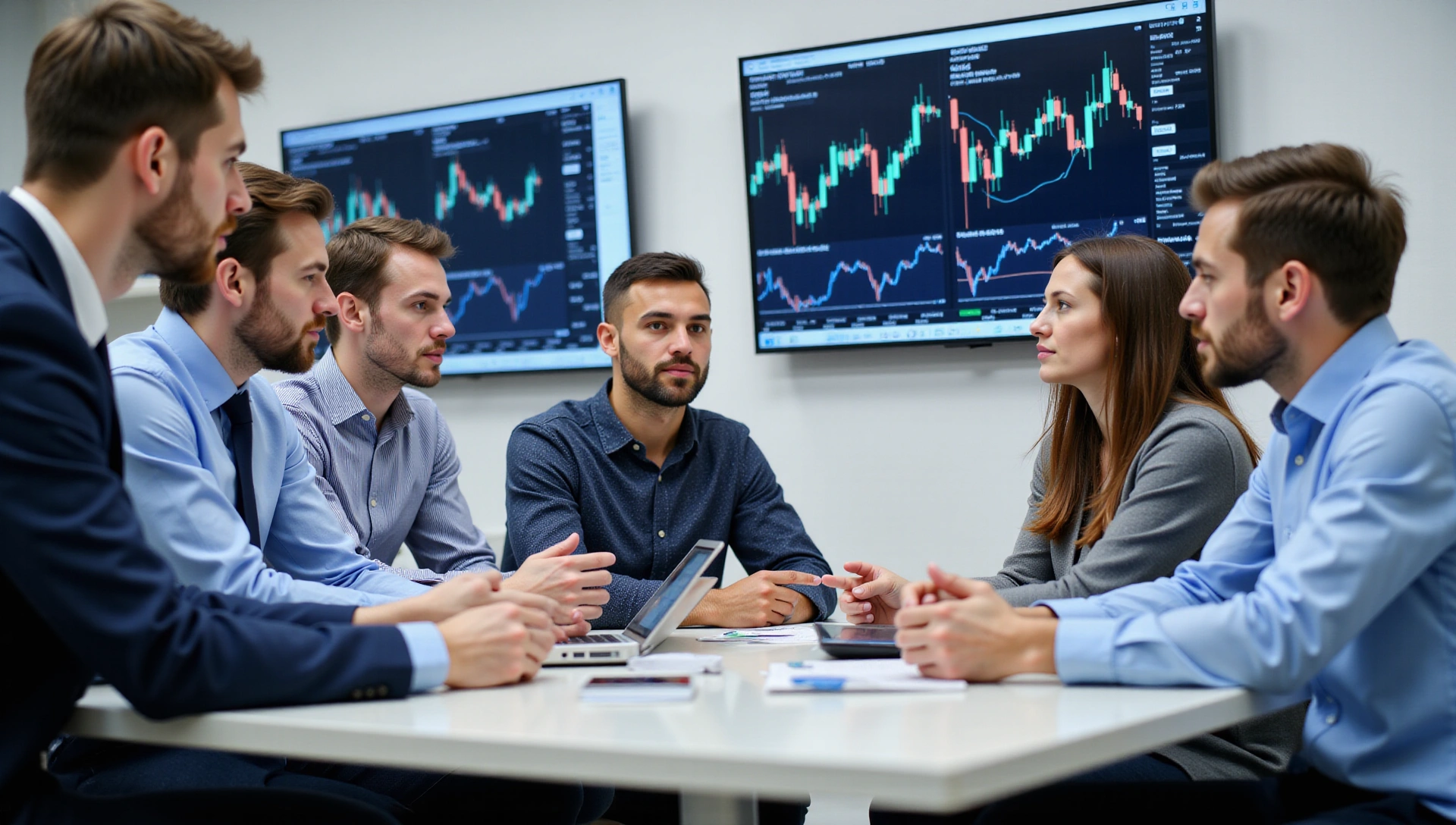 Professional image of diverse people learning about financial markets, charts, and technology